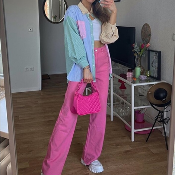 Multicolor Striped Casual Oversized Button Down Shirt Blue, Green, Yellow, Pink - Picture 9 of 11